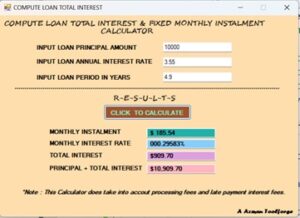 Simple Loan Instalment Total Interest Calculator